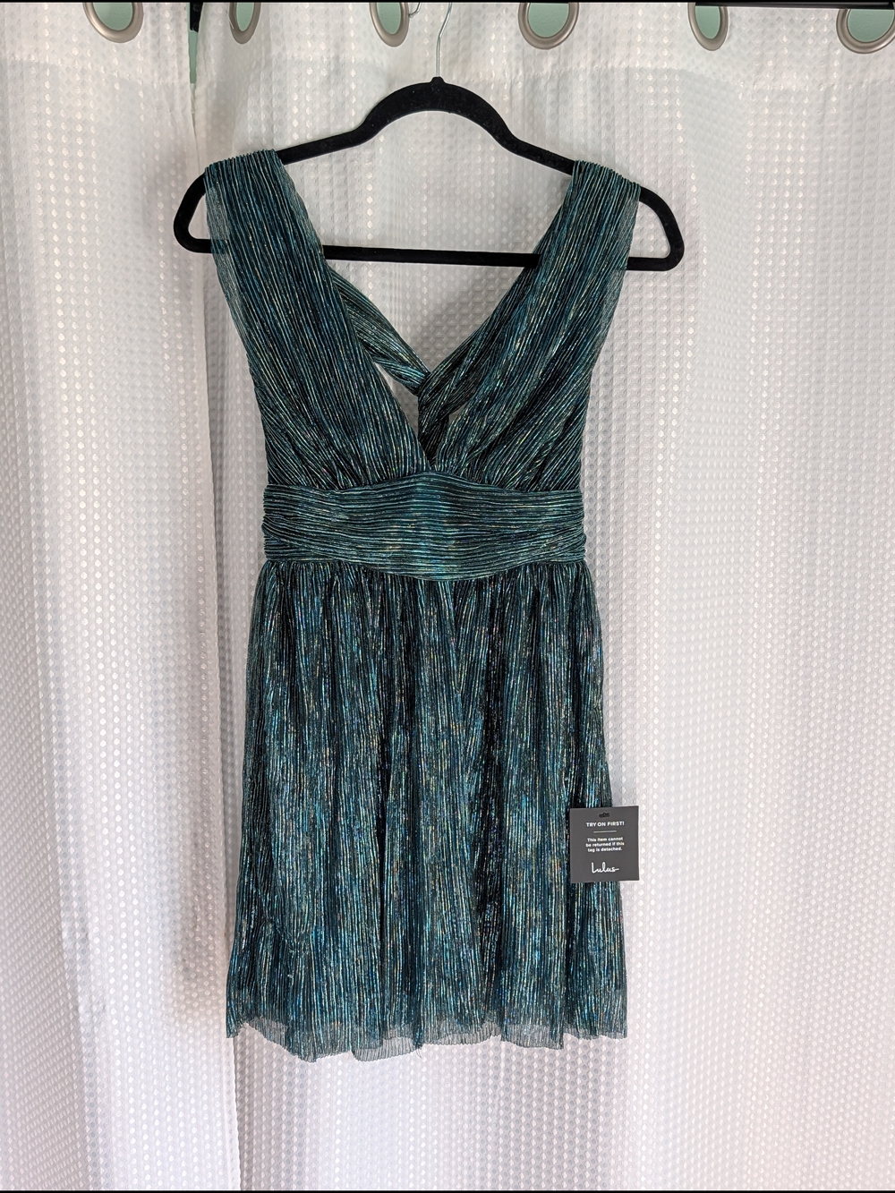 Lulu's Teal Metallic Stripe Twist Back Cocktail Dress Sz S NWT's